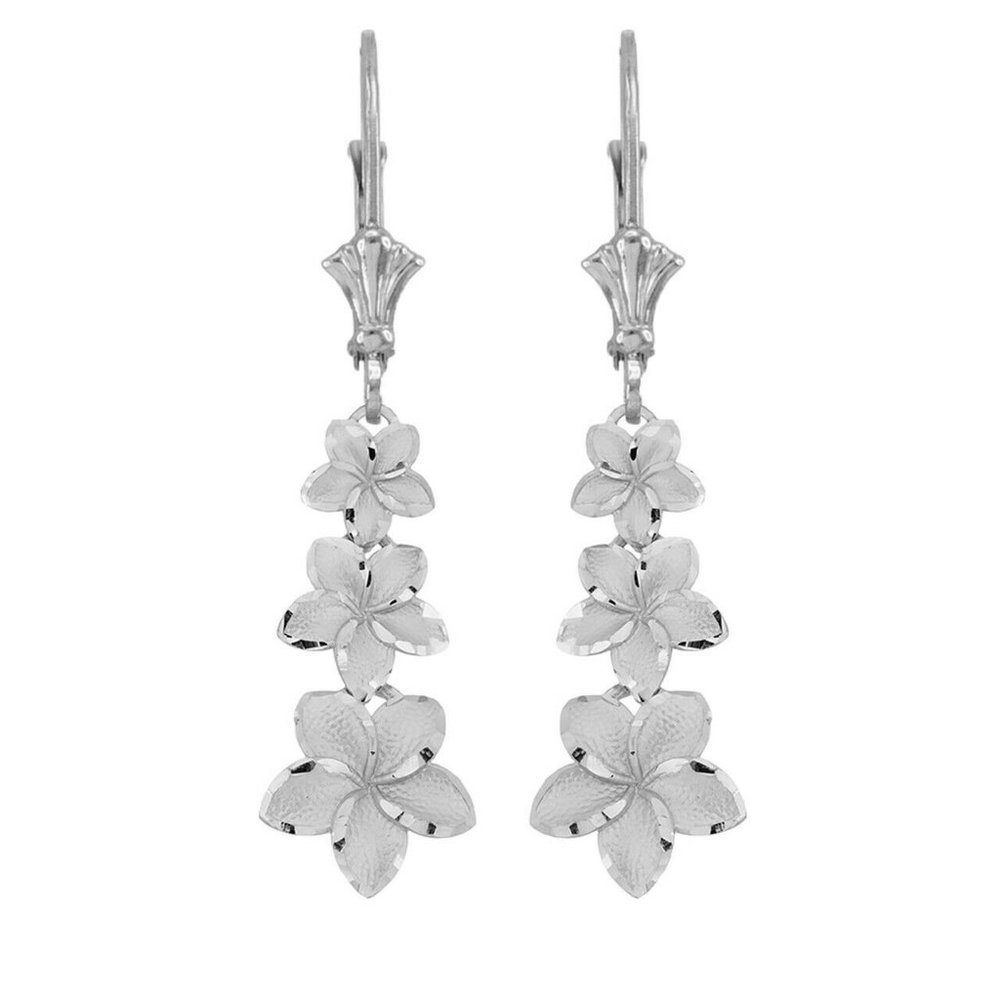 14k Solid Gold Elegant Plumeria Flower Earrings - Picture 4 of 9